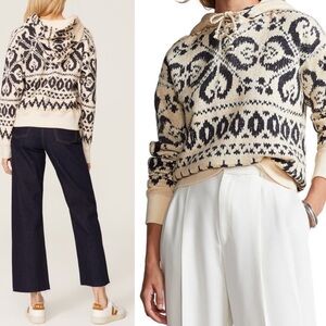 RALPH LAUREN Fair Isle Printed Rope Tie Neck Fleece Lined Hooded Sweater Size L‎